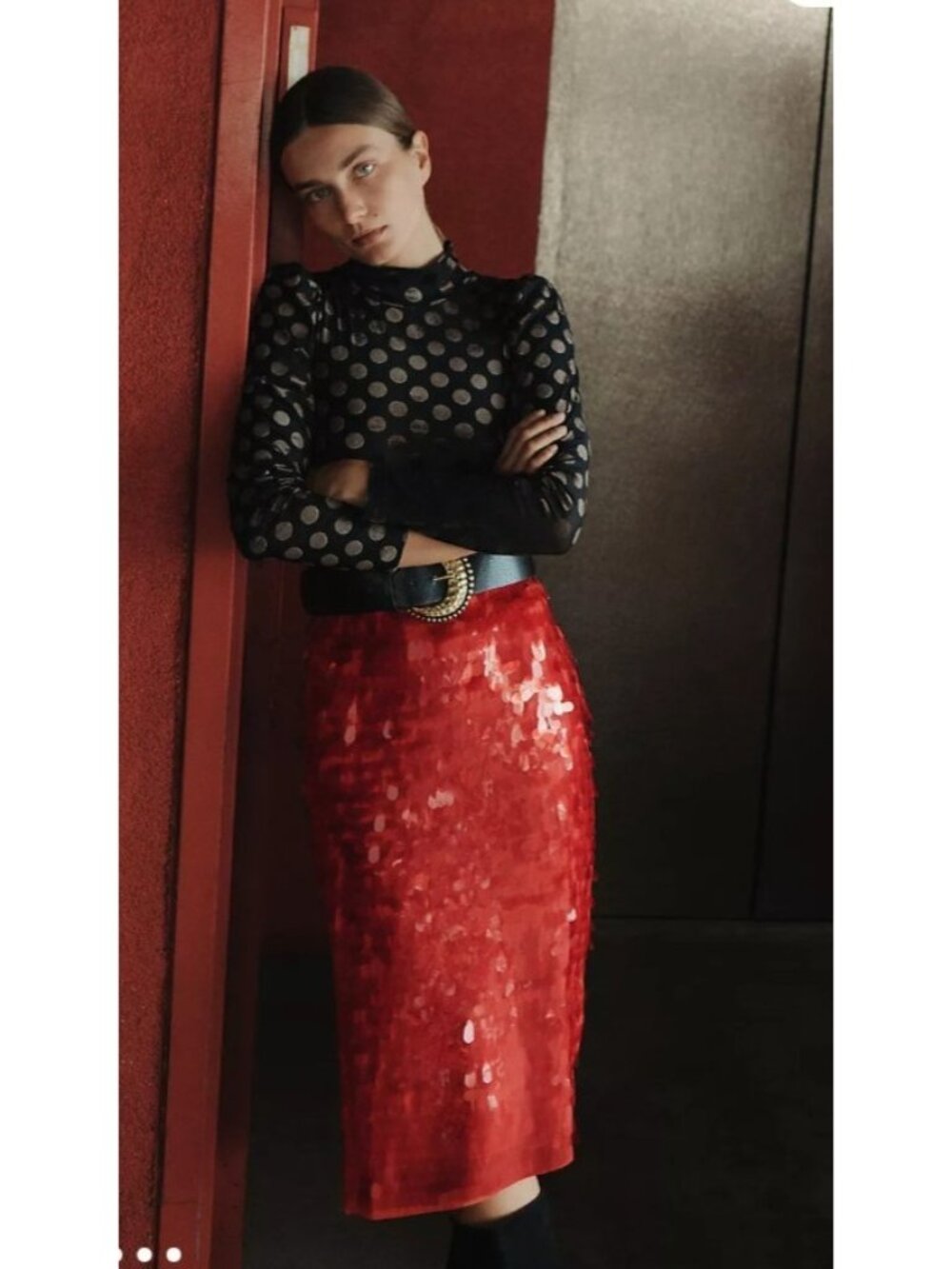 Anthropologie Maeve Sequin Midi Skirt Size 12 Coral Orange Paillette Party